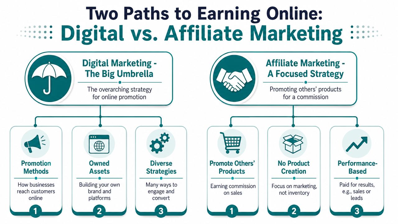 An infographic comparing digital marketing as an overarching strategy versus <a rel=