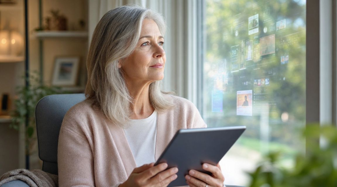 A sophisticated senior woman using a digital tablet while viewing futuristic information projected on a bright window.