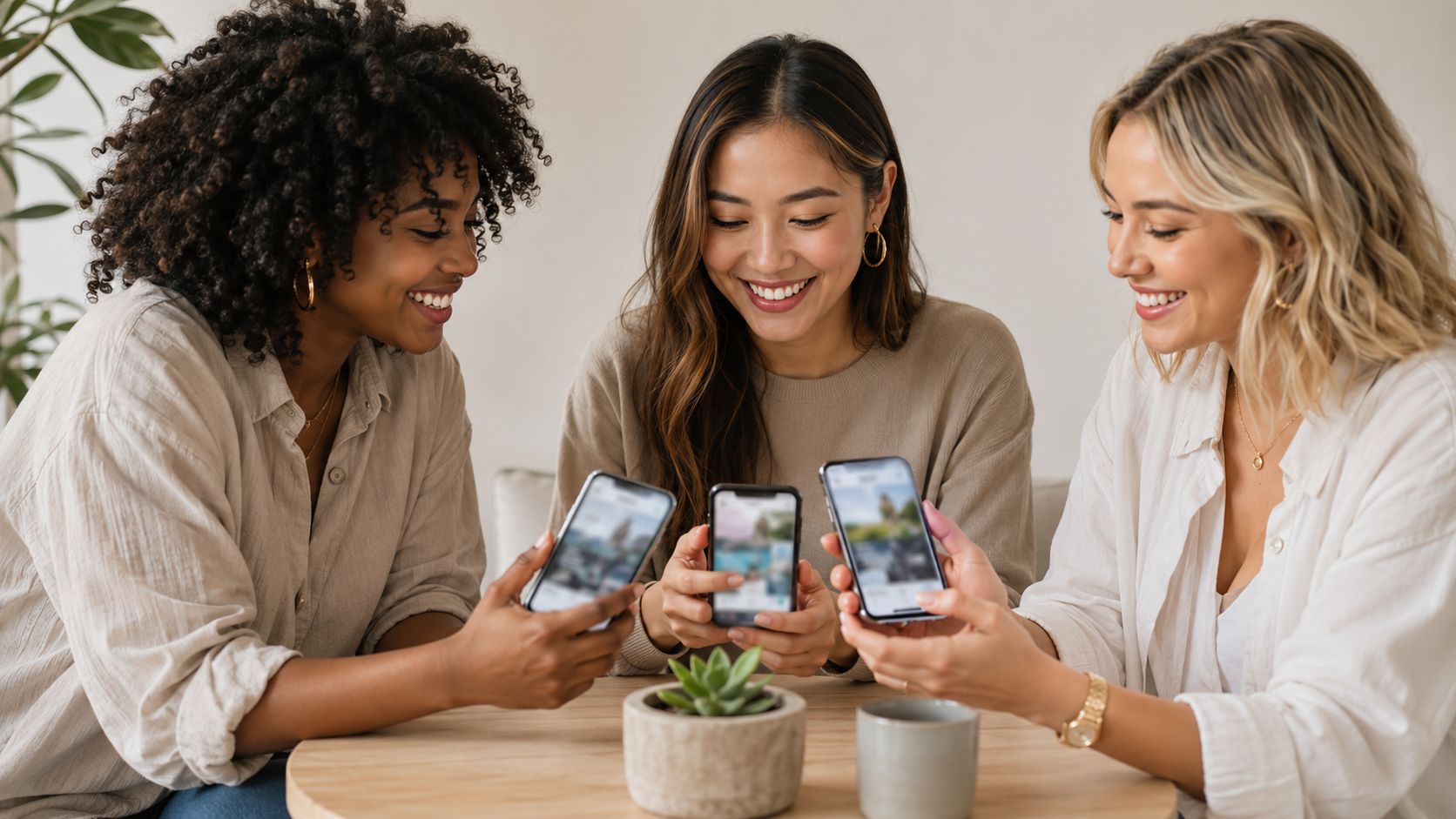 Three diverse women smiling while looking at their smartphones while sitting together at a wooden table.