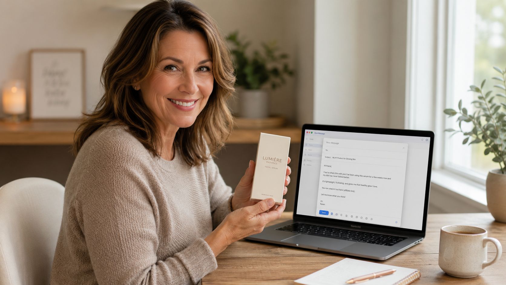 A woman smiling while holding a skincare product box in front of an open laptop message.