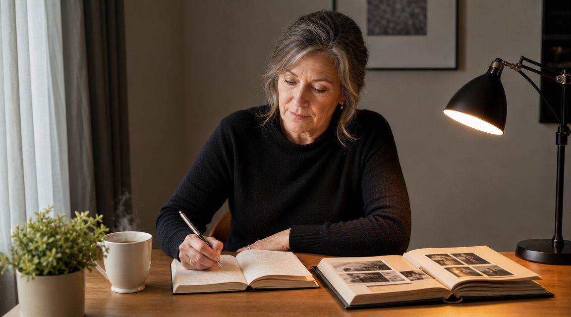 A mature woman writing in a journal with an open photo album on a wooden desk.