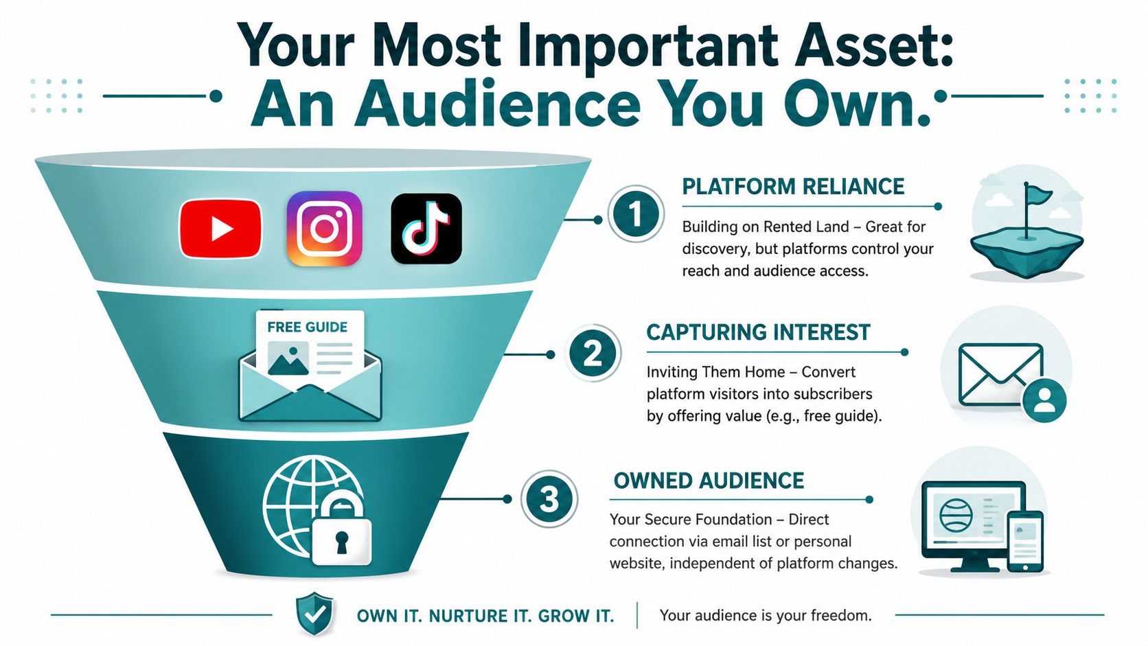 A funnel diagram showing the transition from platform-reliant social media audiences to a secure, owned audience.