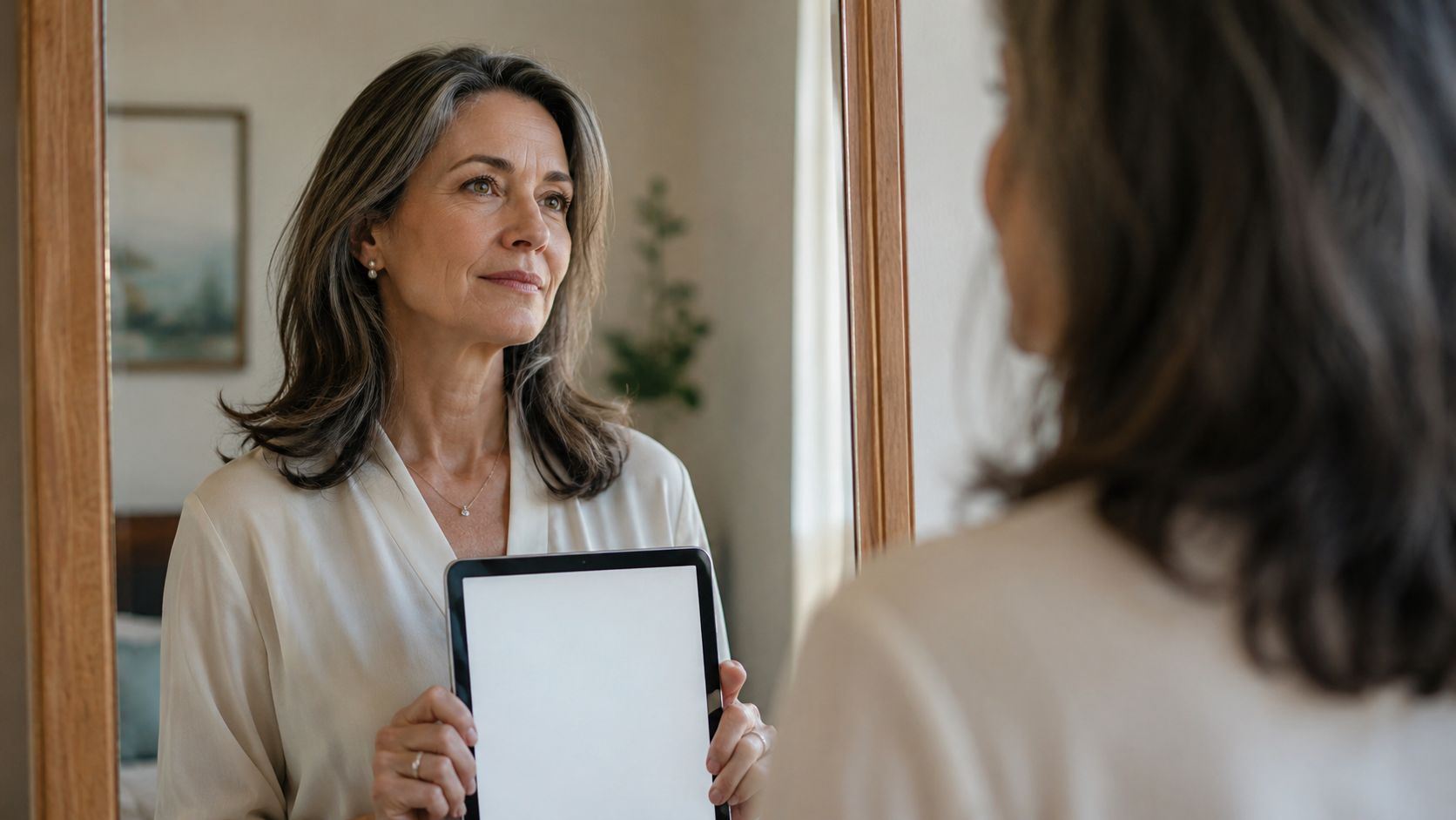 A professional middle-aged woman holds a blank tablet while looking at her reflection in a mirror.