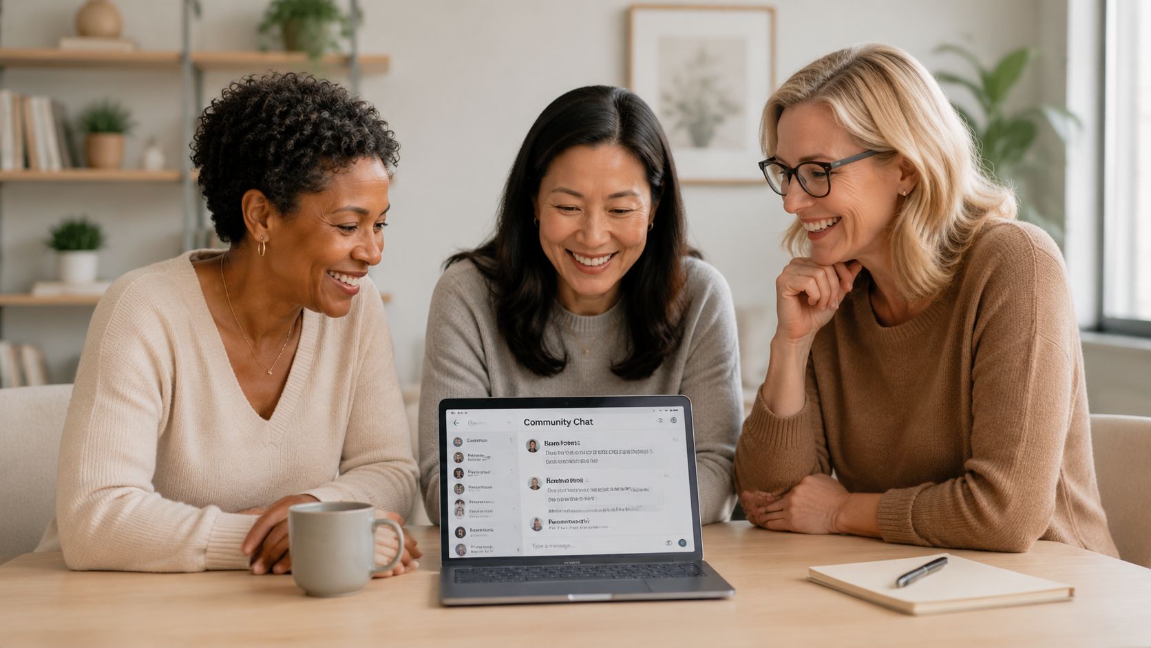 Three professional women smiling while collaborating on a community chat interface on a laptop at a table.