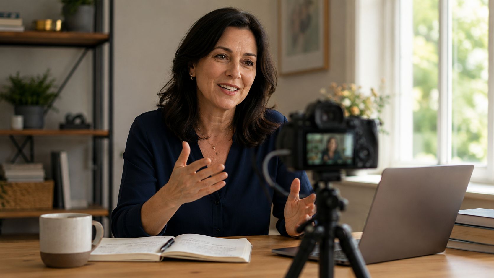 A professional woman recording a video blog about customer retention strategies at her desk at home.