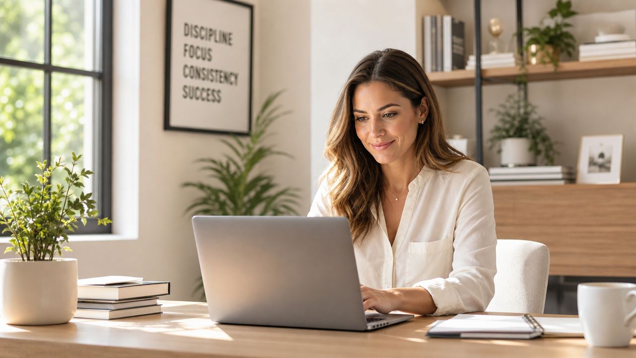 A professional woman working on a laptop at a bright, organized office desk with indoor plants.