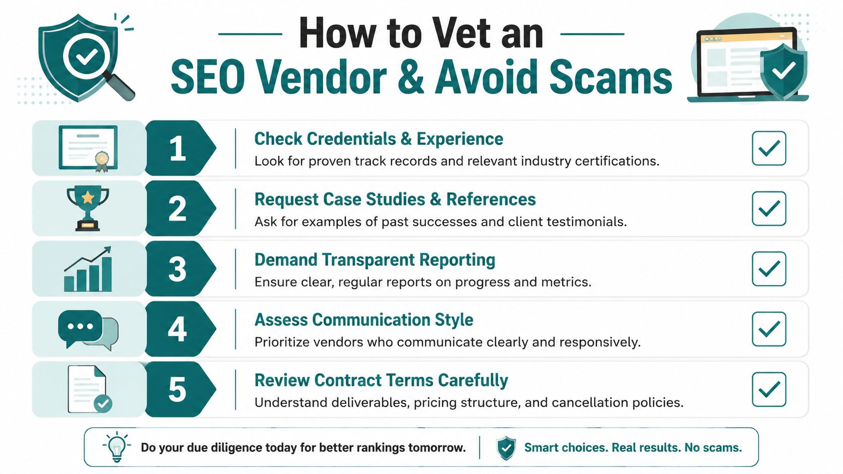 A five-step guide on how to vet an SEO vendor and avoid common digital marketing scams.