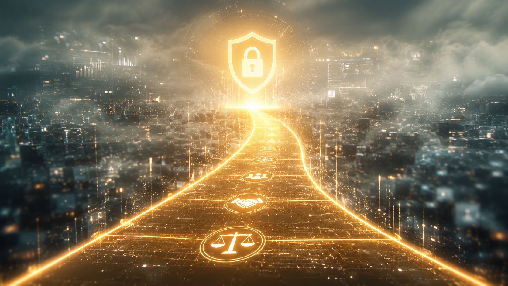 A digital pathway featuring icons of law, trust, and community leading toward a glowing security shield symbol.