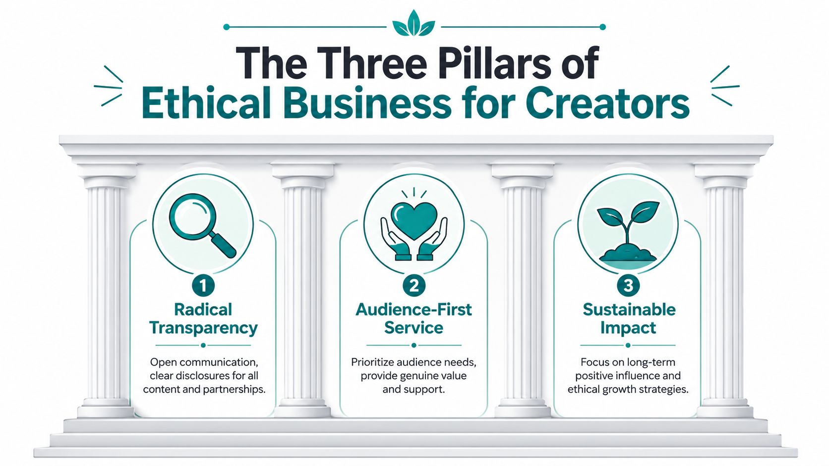 A graphic illustration showing three pillars of ethical business for creators: radical transparency, audience-first service, and sustainable impact.