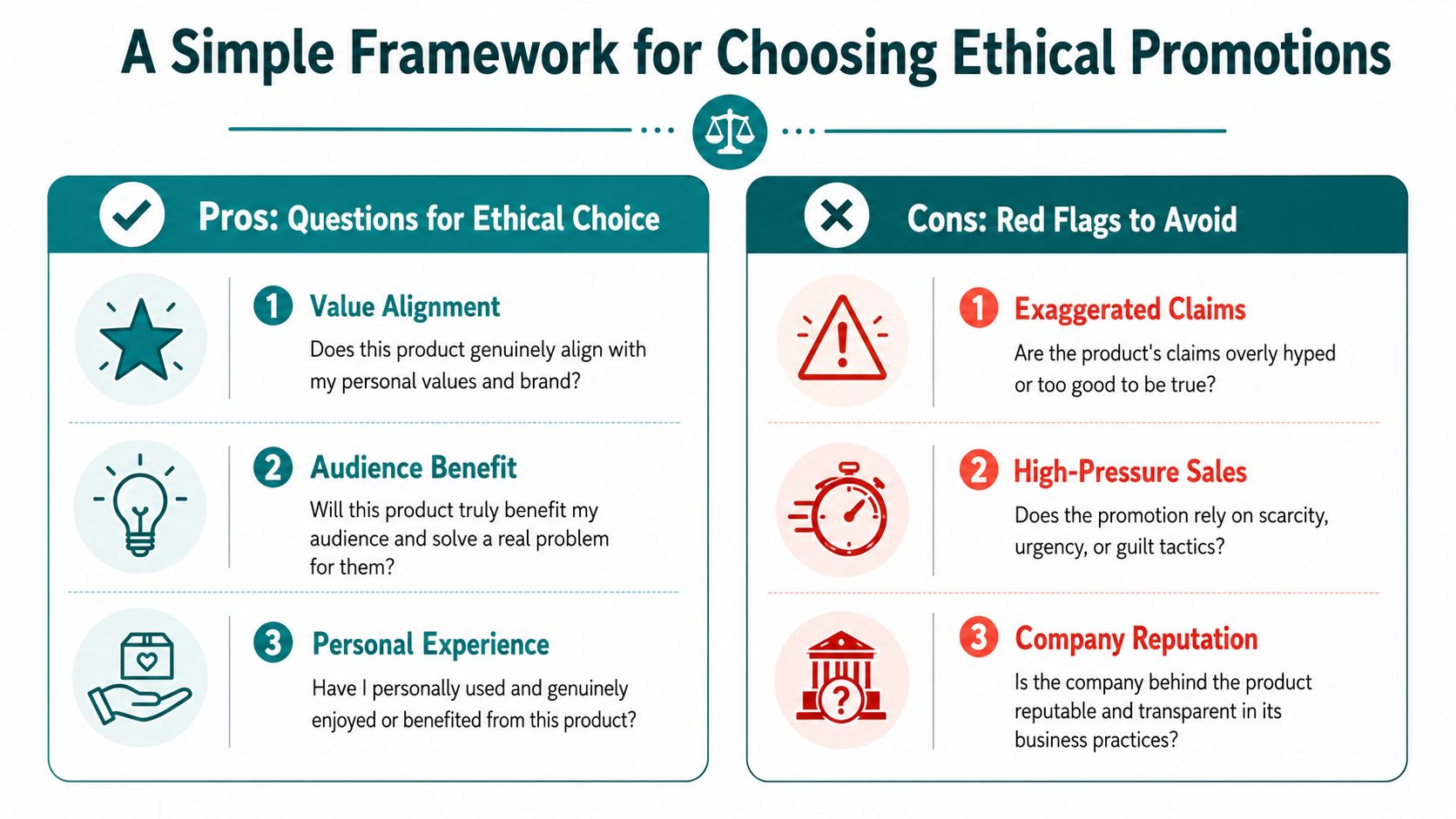A framework for choosing ethical promotions with pros and cons listed for business decision making.