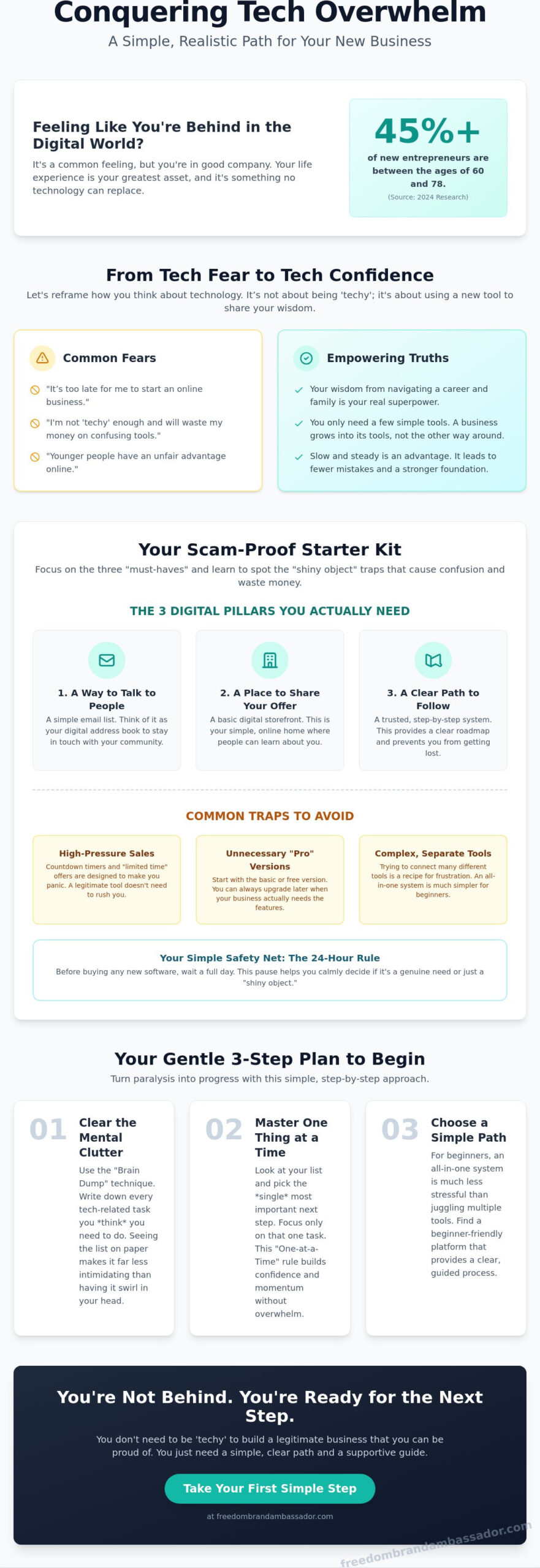 Overcoming tech overwhelm a reassuring guide for new entrepreneurs over 50 - infographic - victoria ohare Overcoming Tech Overwhelm: A Reassuring Guide for New Entrepreneurs Over 50