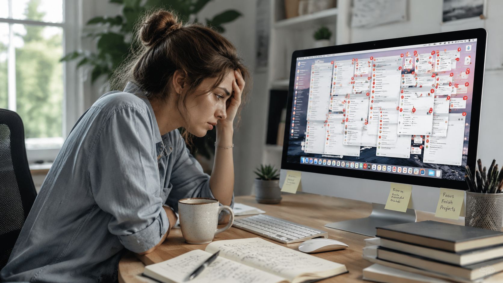 A stressed woman sits at her desk, overwhelmed by excessive digital notifications on her computer screen.