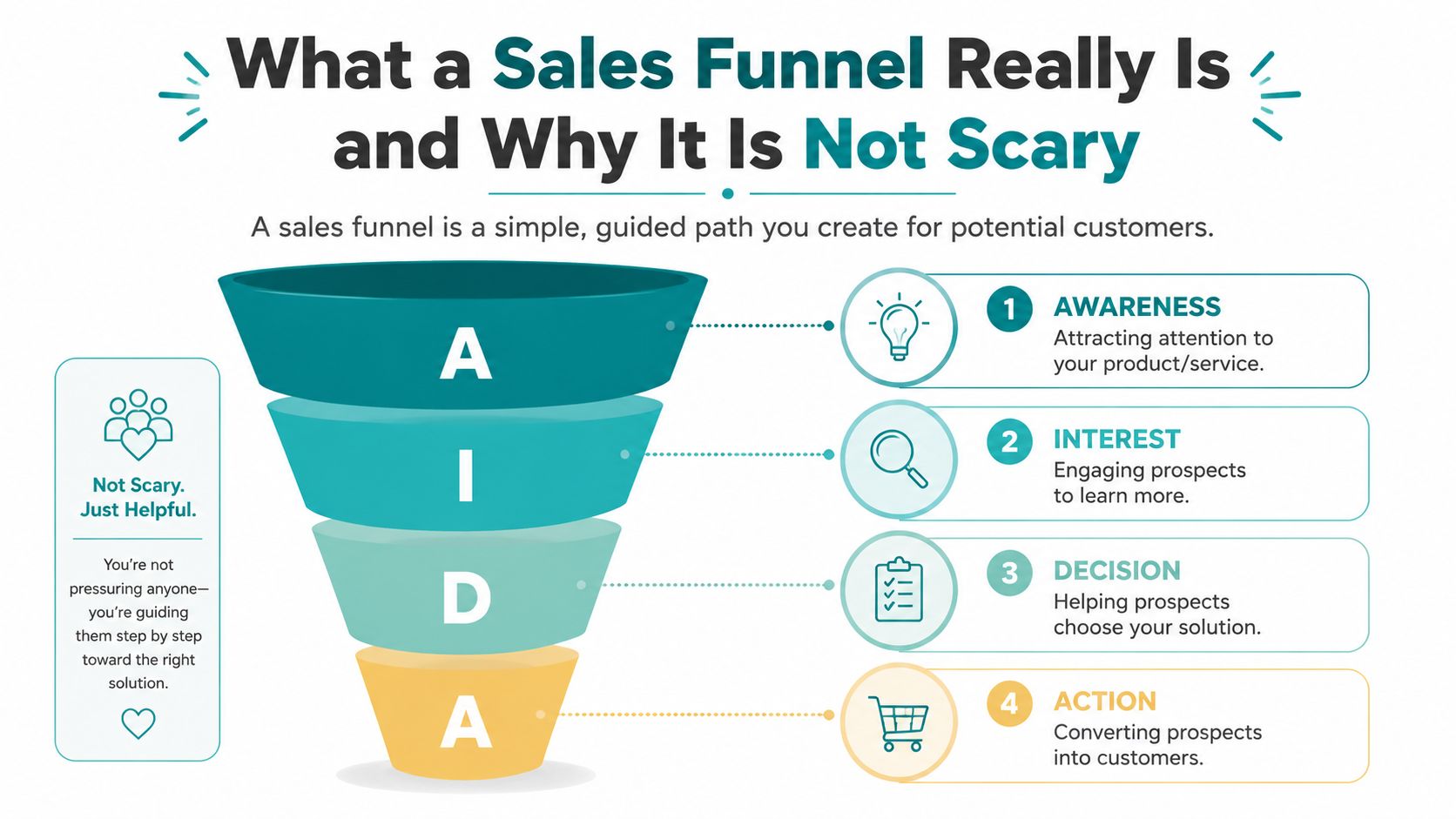 An infographic showing the four stages of a sales funnel titled AIDA: Awareness, Interest, Decision, and Action.