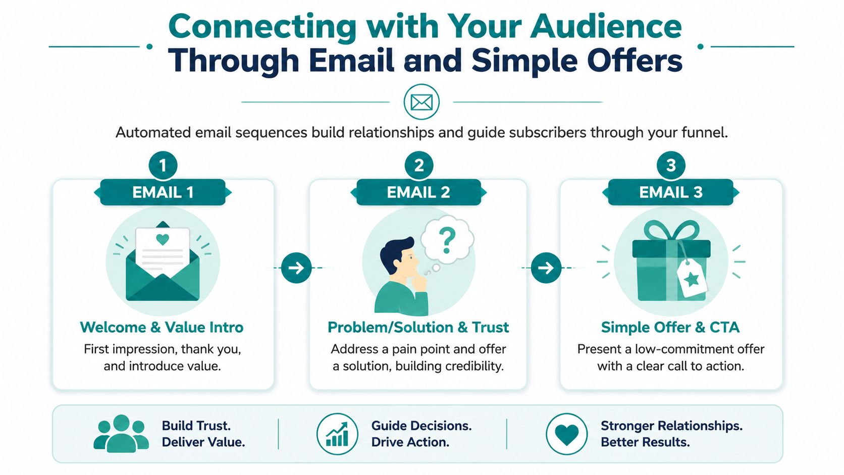 A diagram showing a three-step automated email sequence strategy for building customer relationships and driving business sales.