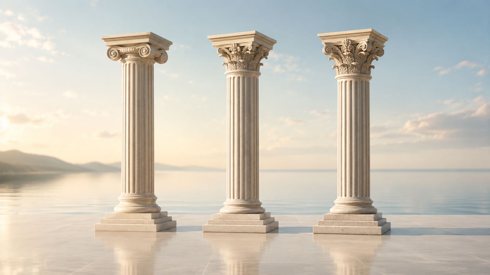 Three white classical marble architectural columns standing on a stone platform overlooking a calm sea at sunset.