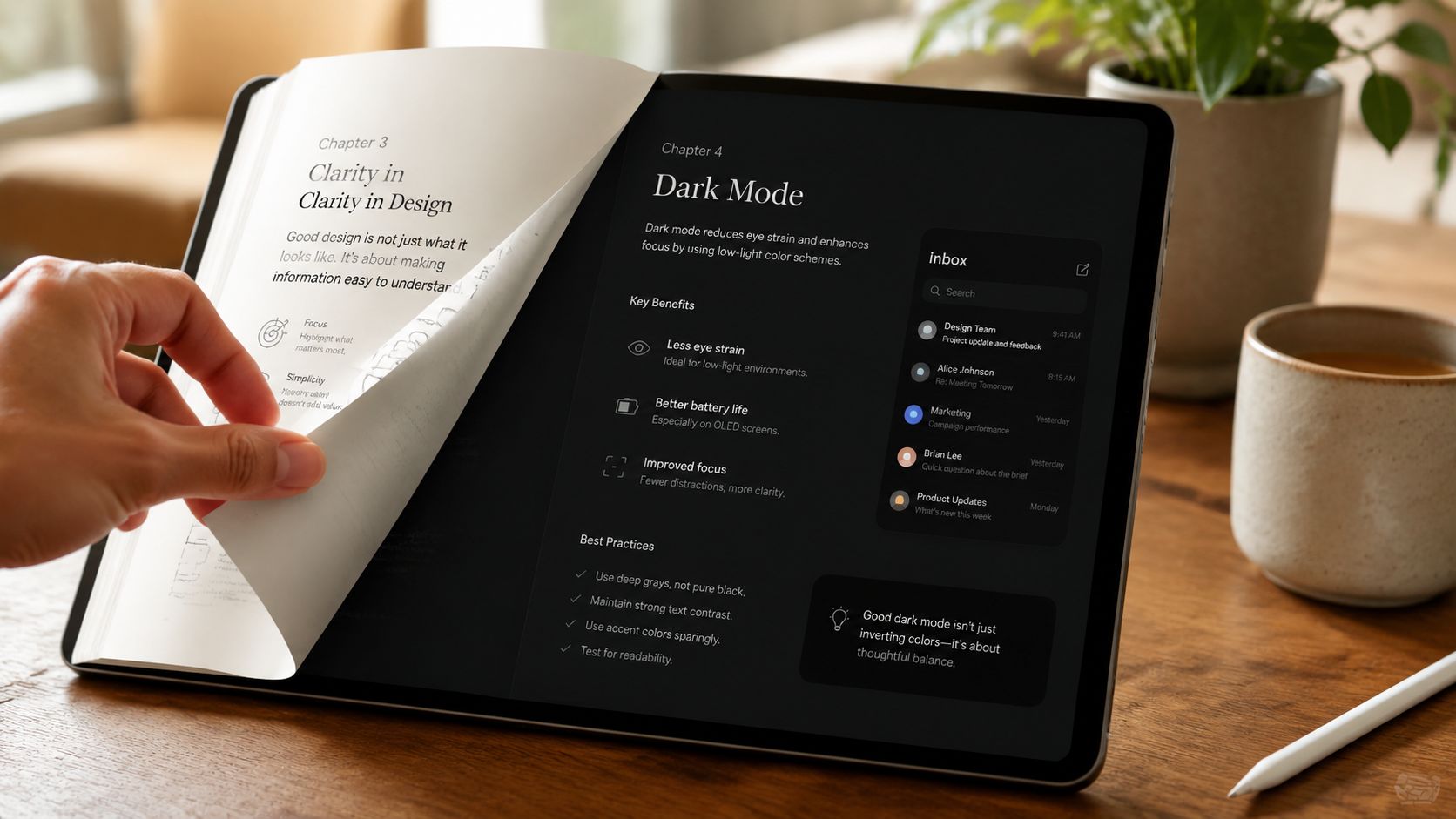 A digital tablet displaying a design manual about dark mode, with a hand turning a paper page.