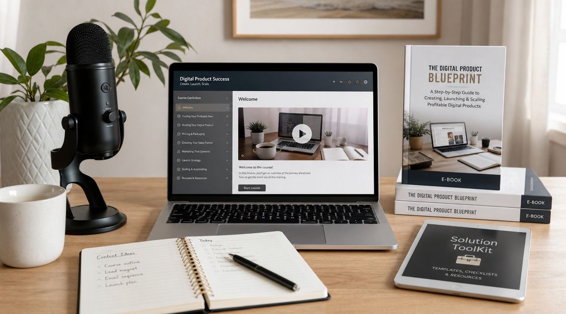 A modern workspace setup featuring a laptop with a digital course, a book, and a tablet for entrepreneurs.