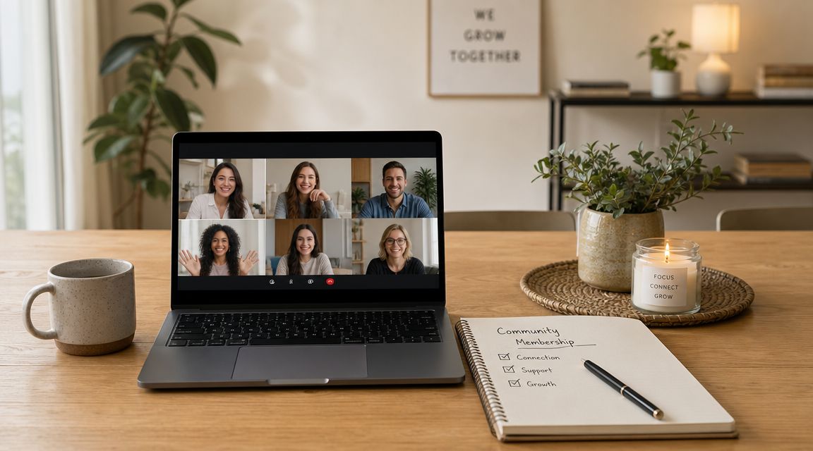 A laptop on a wooden desk displaying a video conference with five people during an online meeting.