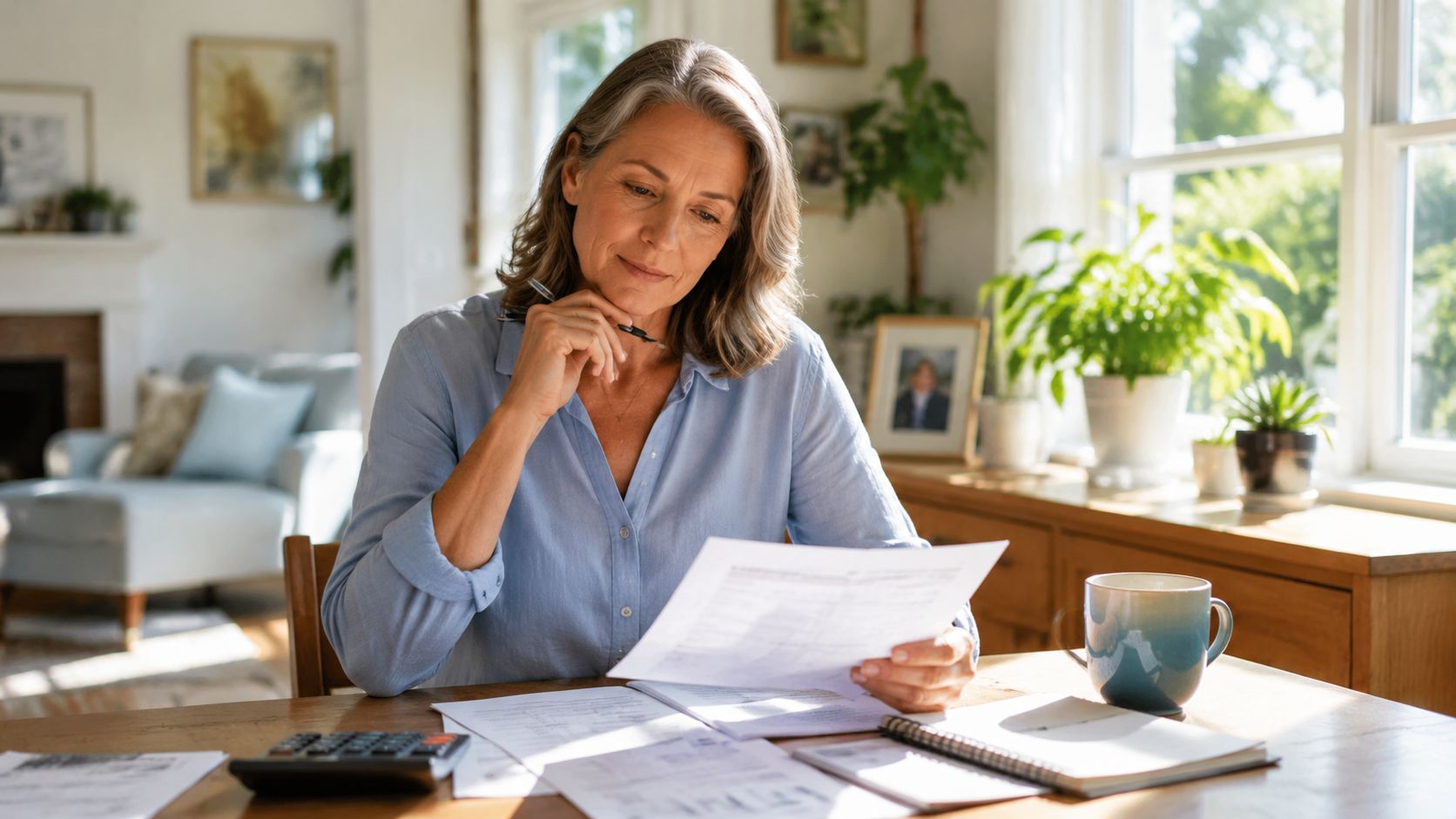 A mature woman sitting at a table thoughtfully reviewing financial documents with a calculator and notebook.