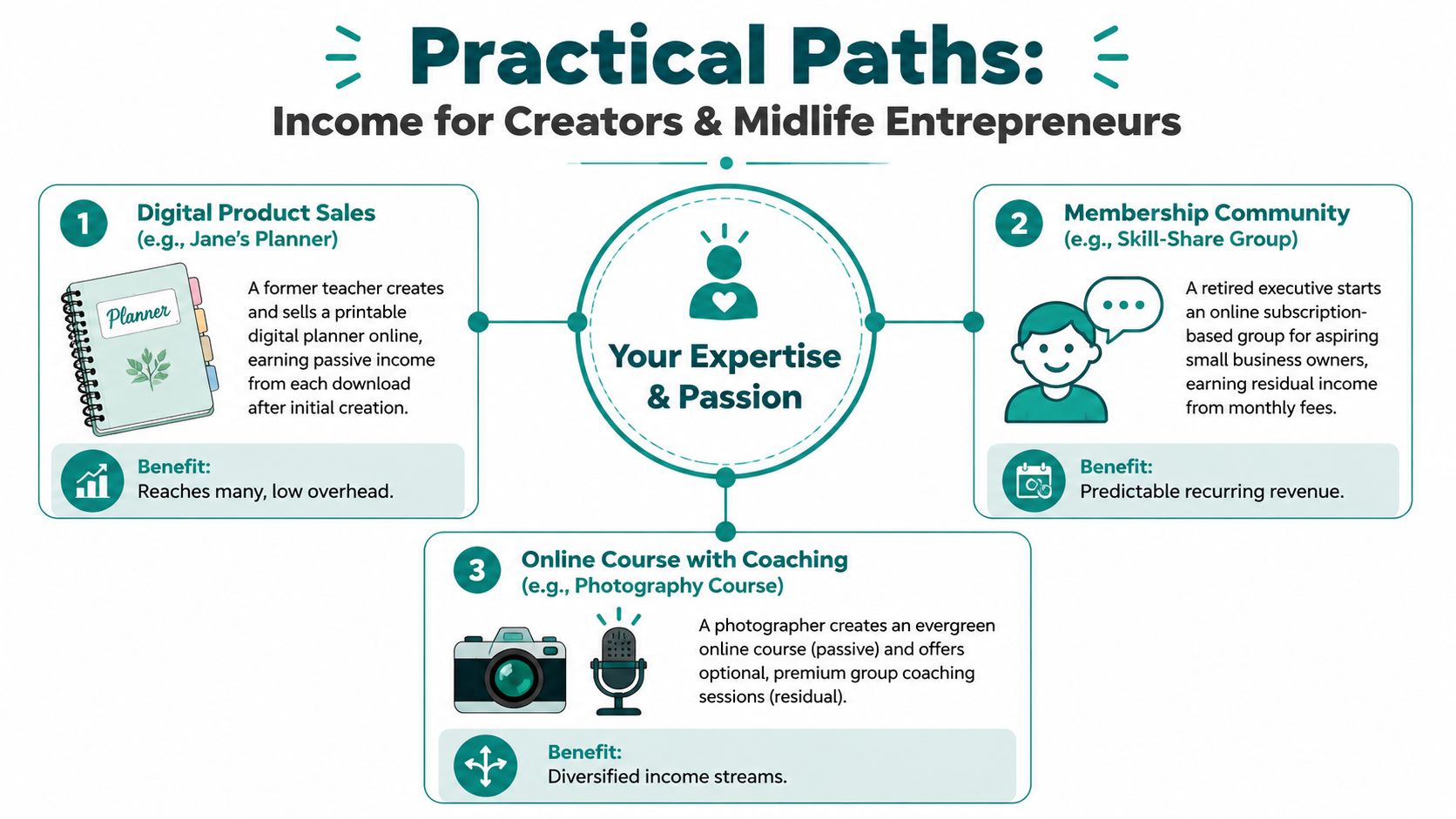 A diagram outlining three practical paths for creators and midlife entrepreneurs to generate passive and residual income.