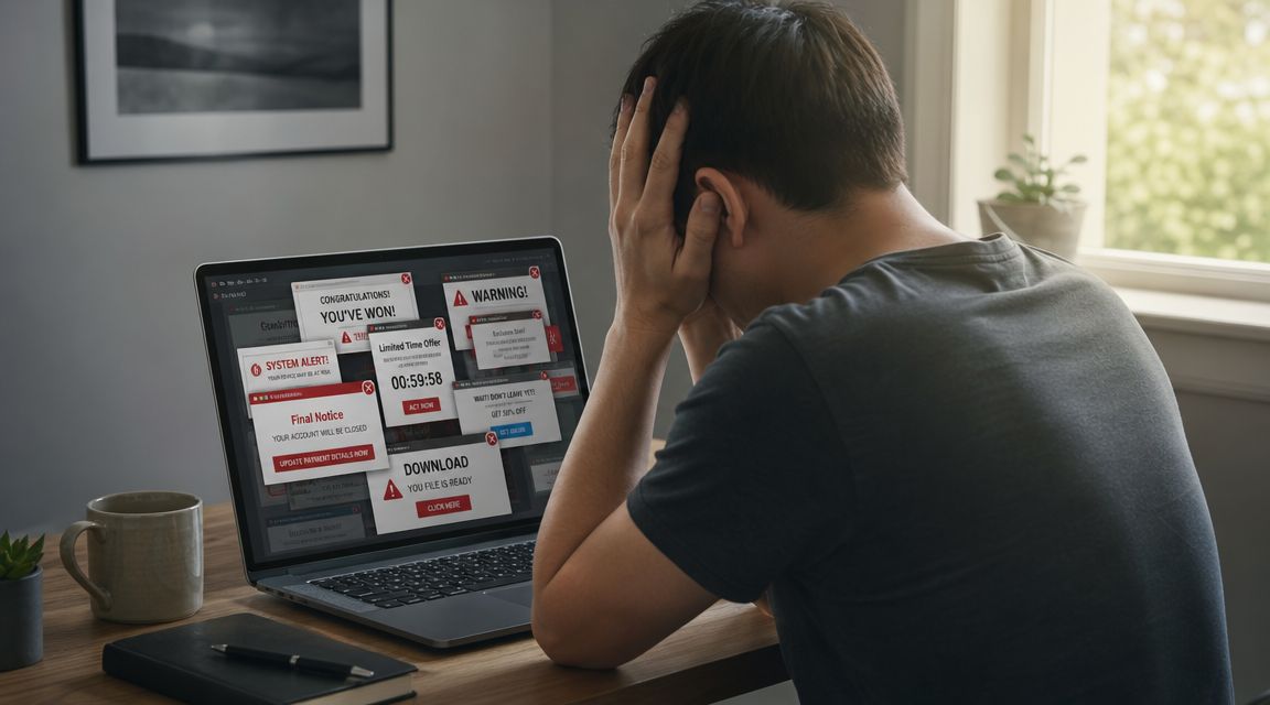 A frustrated man looking at a laptop screen filled with numerous intrusive pop-up advertisements and malware alerts.