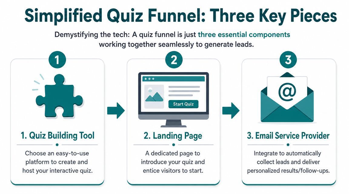 A diagram illustrating the three essential components of a quiz funnel for effective lead generation.