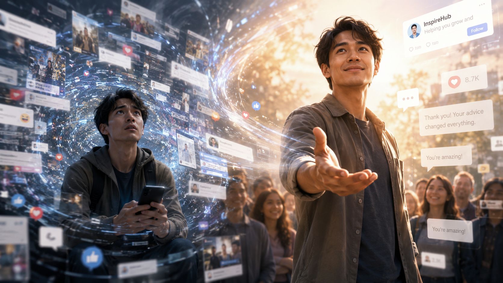 A split perspective image showing a man overwhelmed by digital noise versus a man guiding followers confidently.