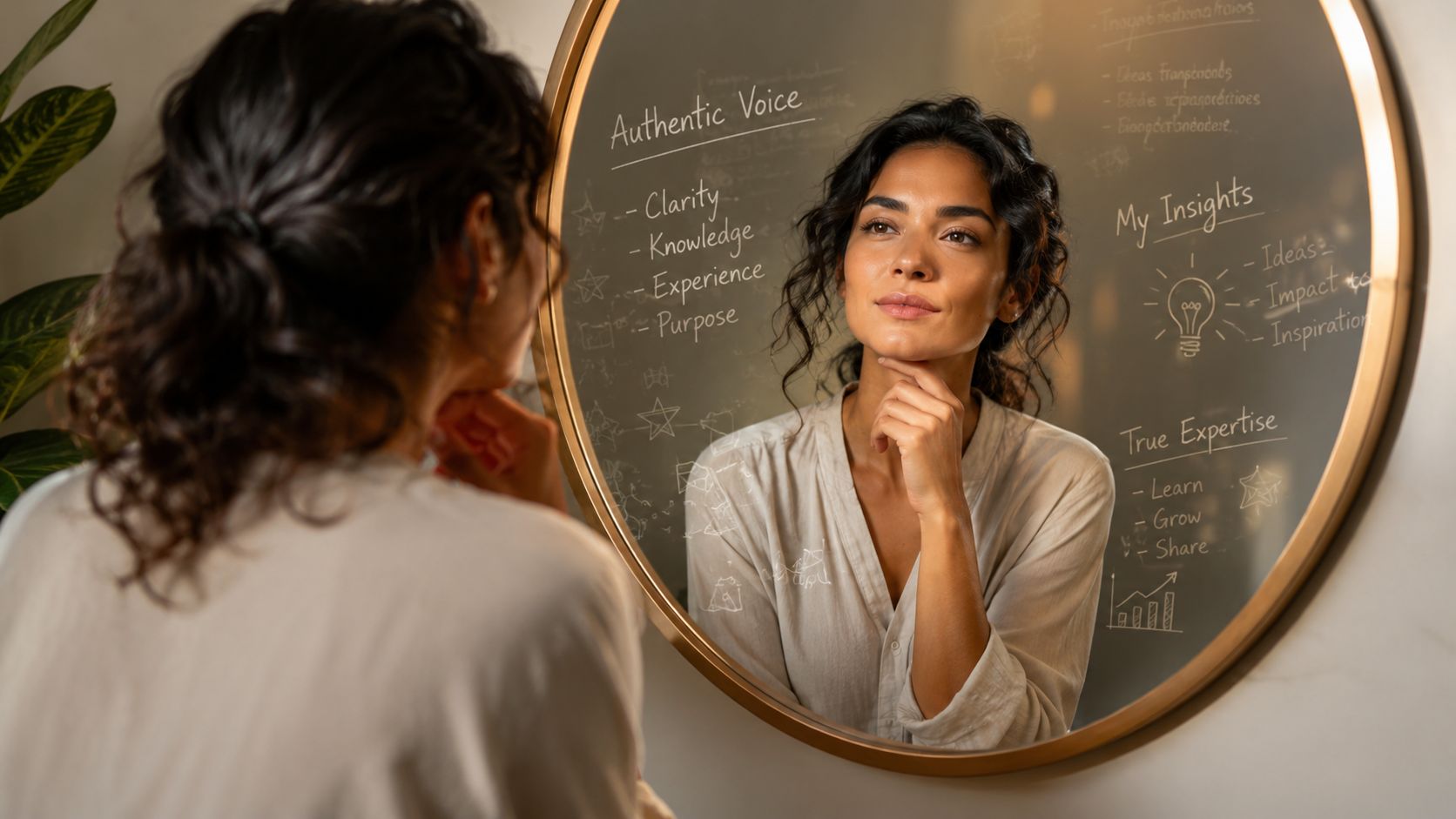 A woman looking at her reflection in a circular mirror containing written notes about professional growth.