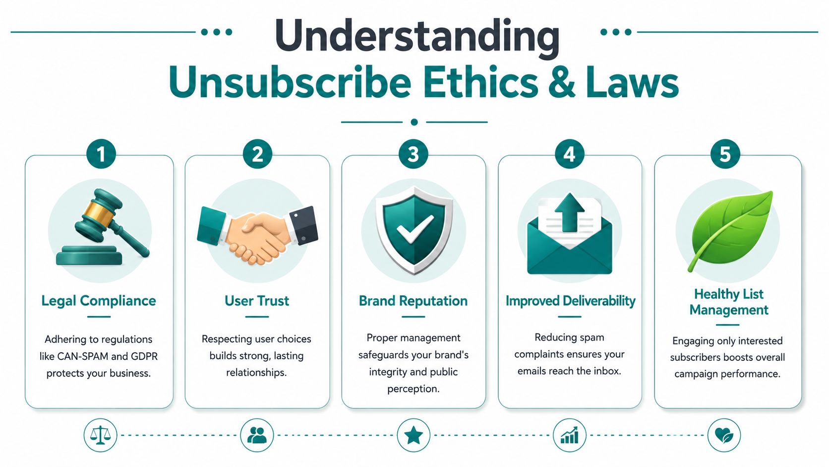 An infographic detailing five key reasons for maintaining proper unsubscribe ethics and laws in email marketing.