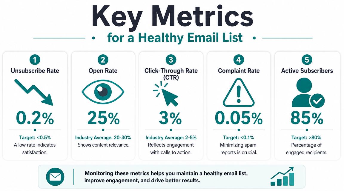 An infographic showing five key email marketing metrics to maintain a healthy and engaged <a rel=