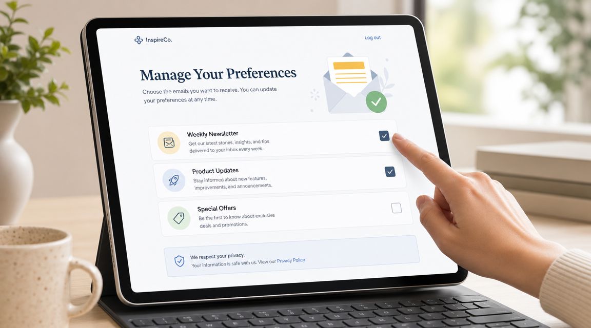A person using a tablet to manage email subscription preferences on an InspireCo website interface.