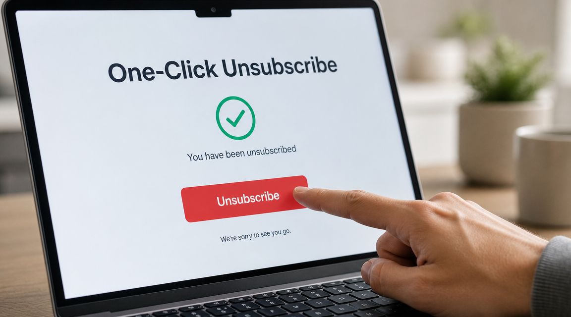 A hand pointing at an unsubscribe button on a laptop screen showing a successful cancellation message.