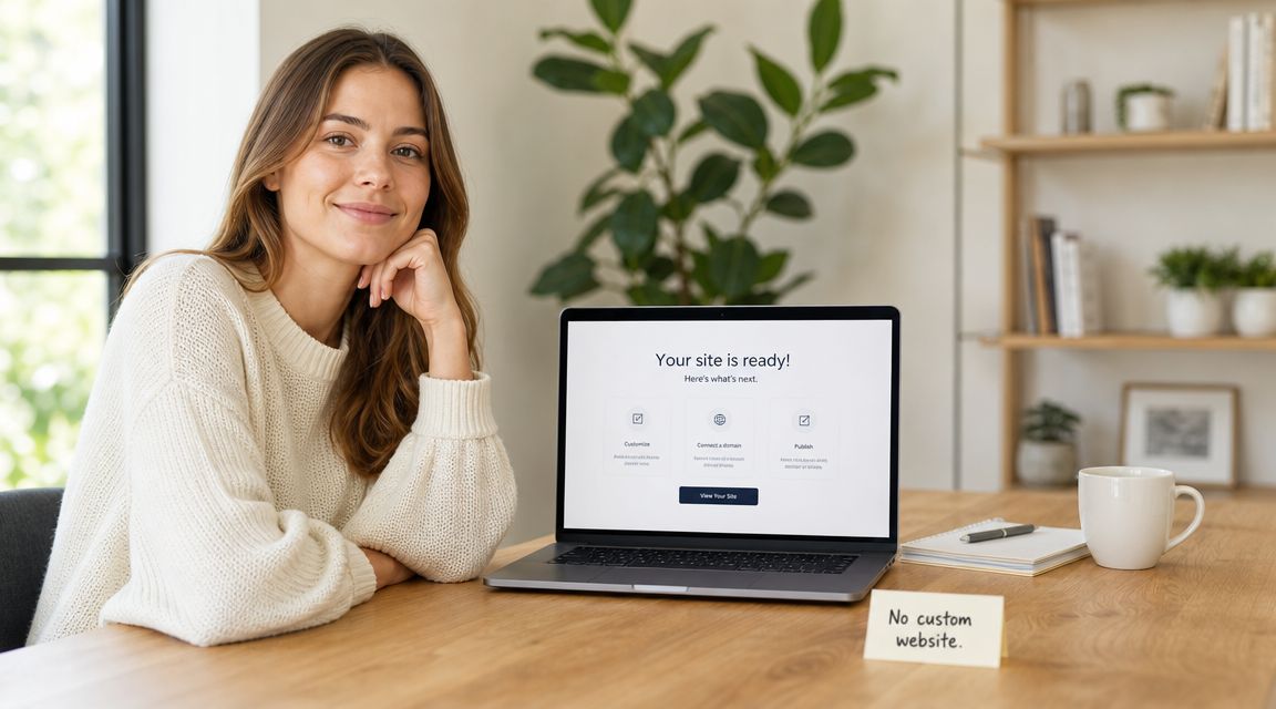 A woman smiles confidently at her laptop, displaying a website dashboard featuring setup options on the screen.