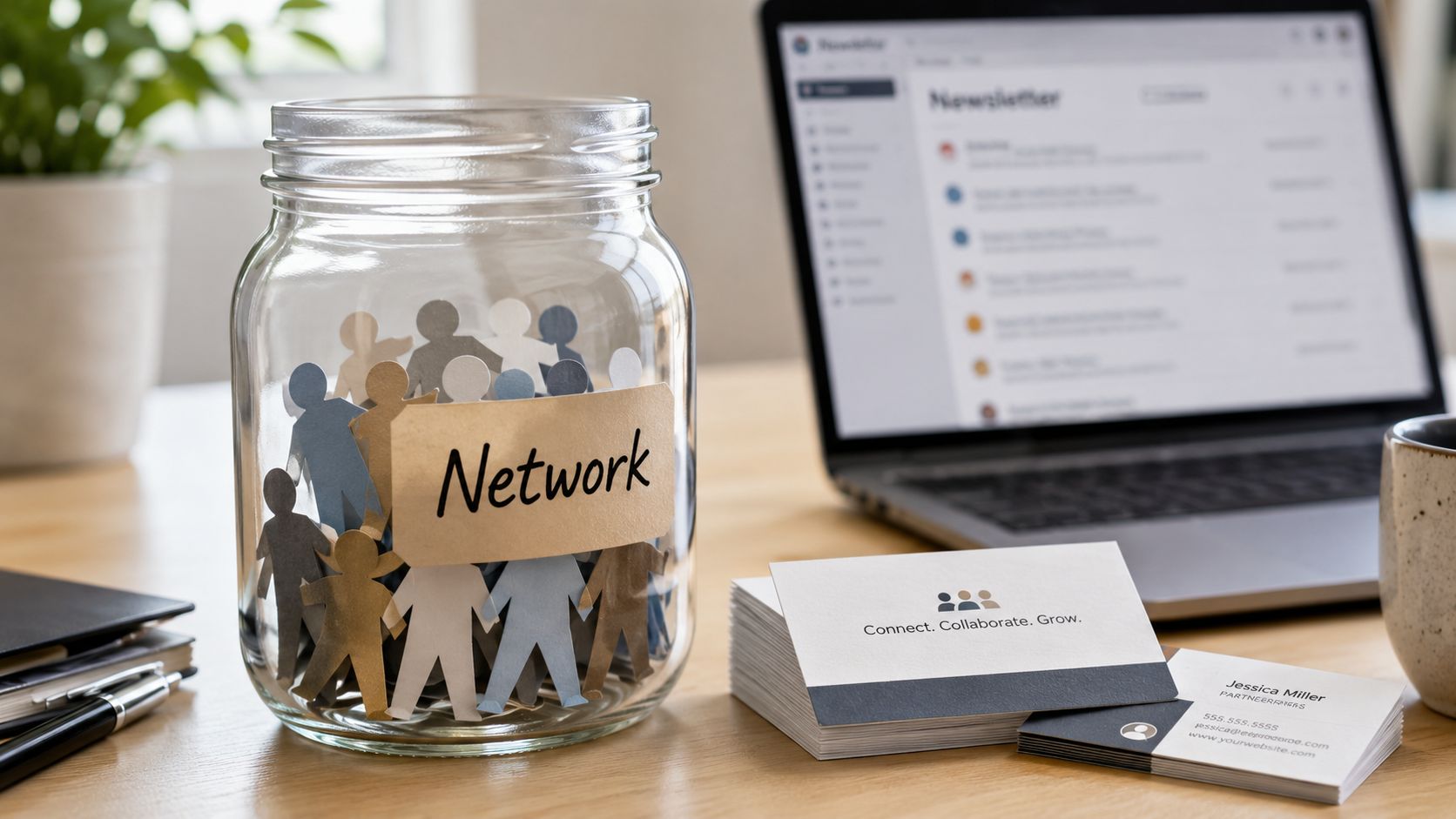 A glass jar filled with paper cutout people figures representing professional networking on a wooden office desk.