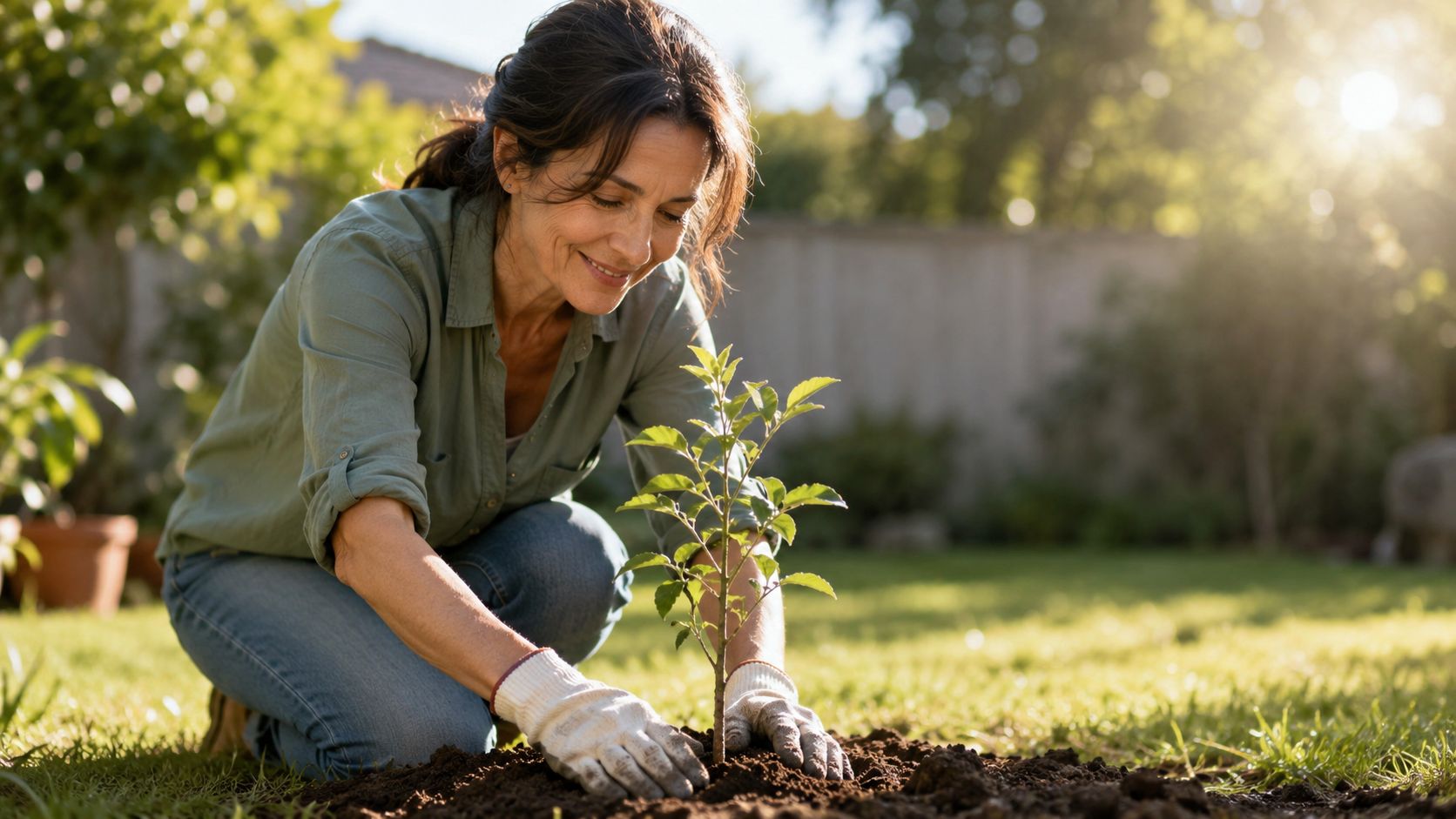 A smiling woman plants a small green sapling in the soil of her sunlit home garden.