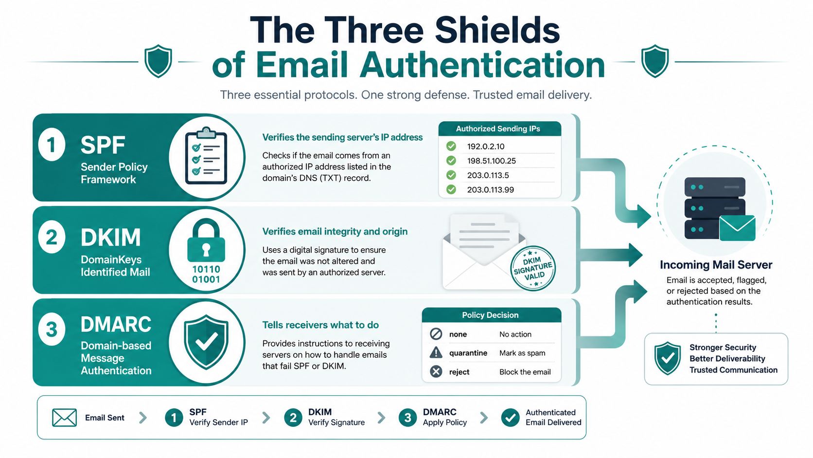 A diagram explaining the three shields of email authentication: SPF, DKIM, and DMARC for secure email delivery.