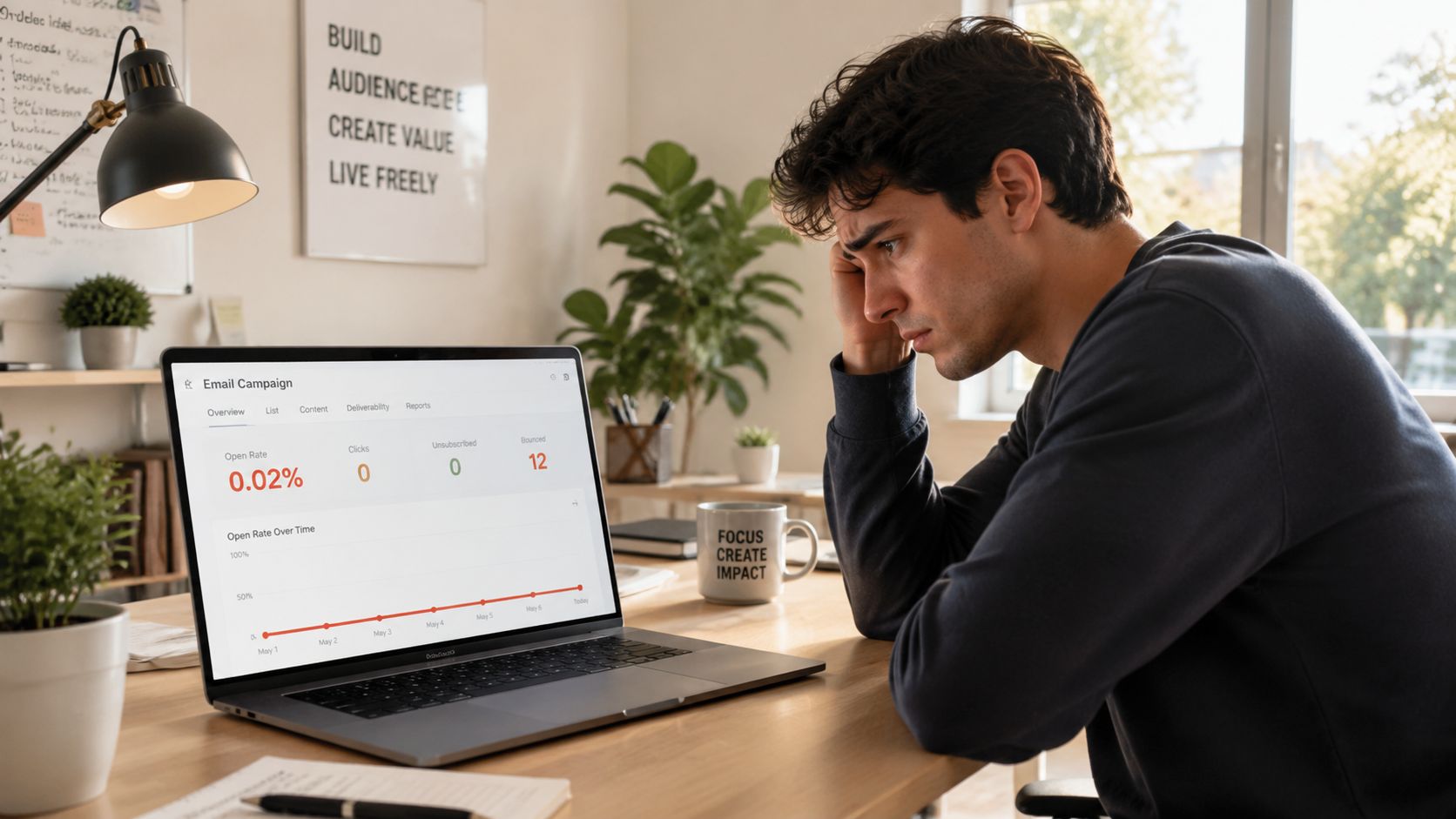 A frustrated man looking at poor email campaign analytics on his laptop in a home office.