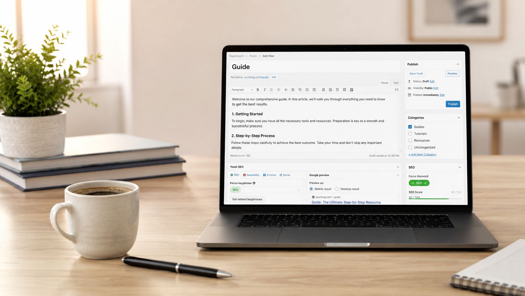 A modern laptop on a wooden desk displaying a WordPress dashboard for writing a blog post.