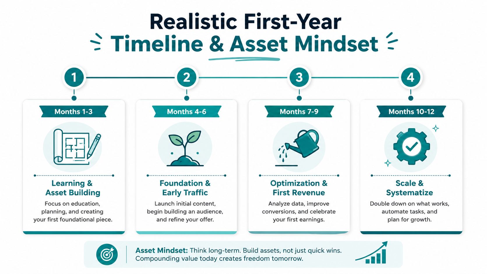 A four-stage timeline infographic for building a first-year business focused on long-term asset development and growth.