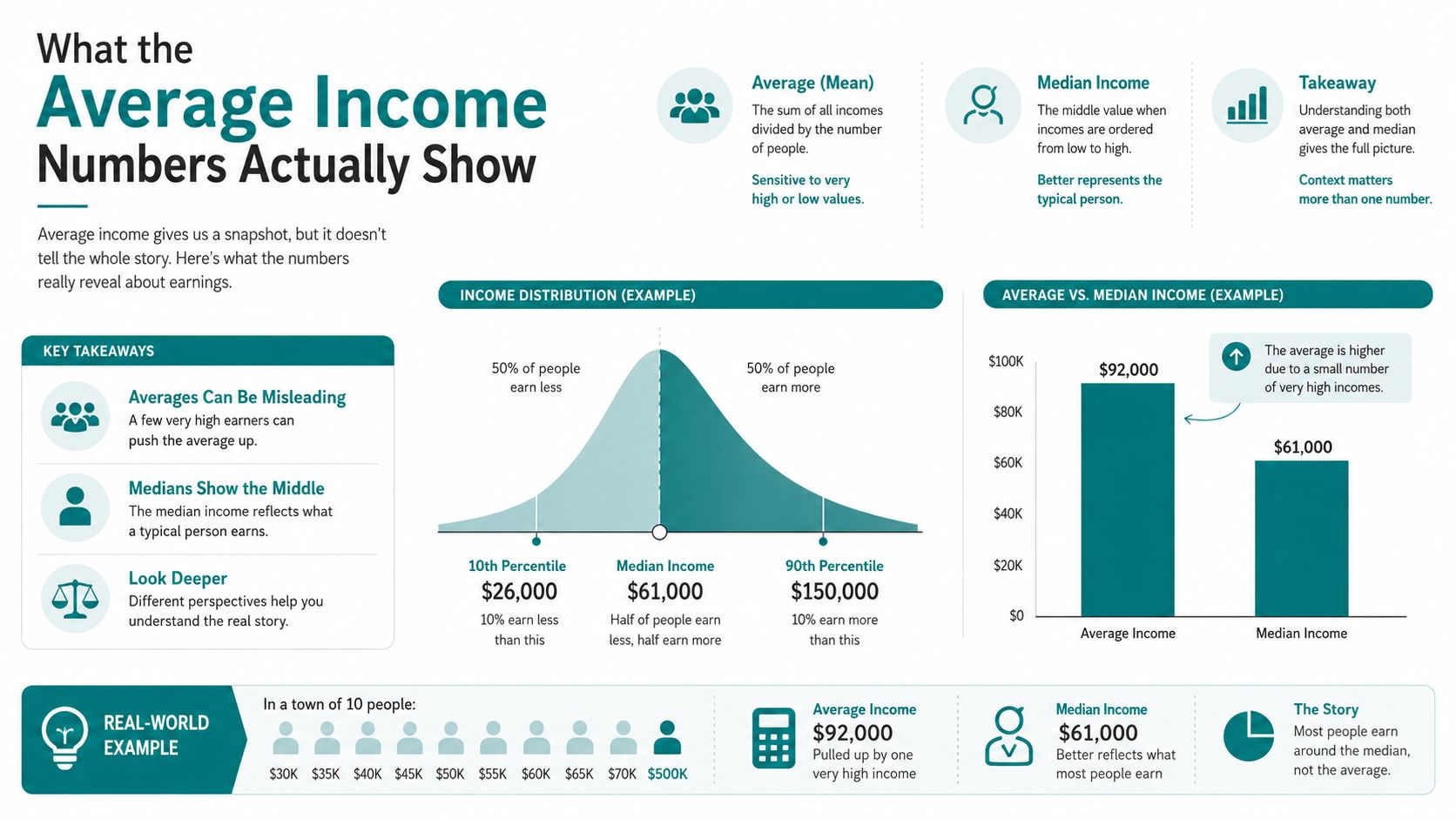 An infographic explaining the difference between average and median income using examples and data visualizations.