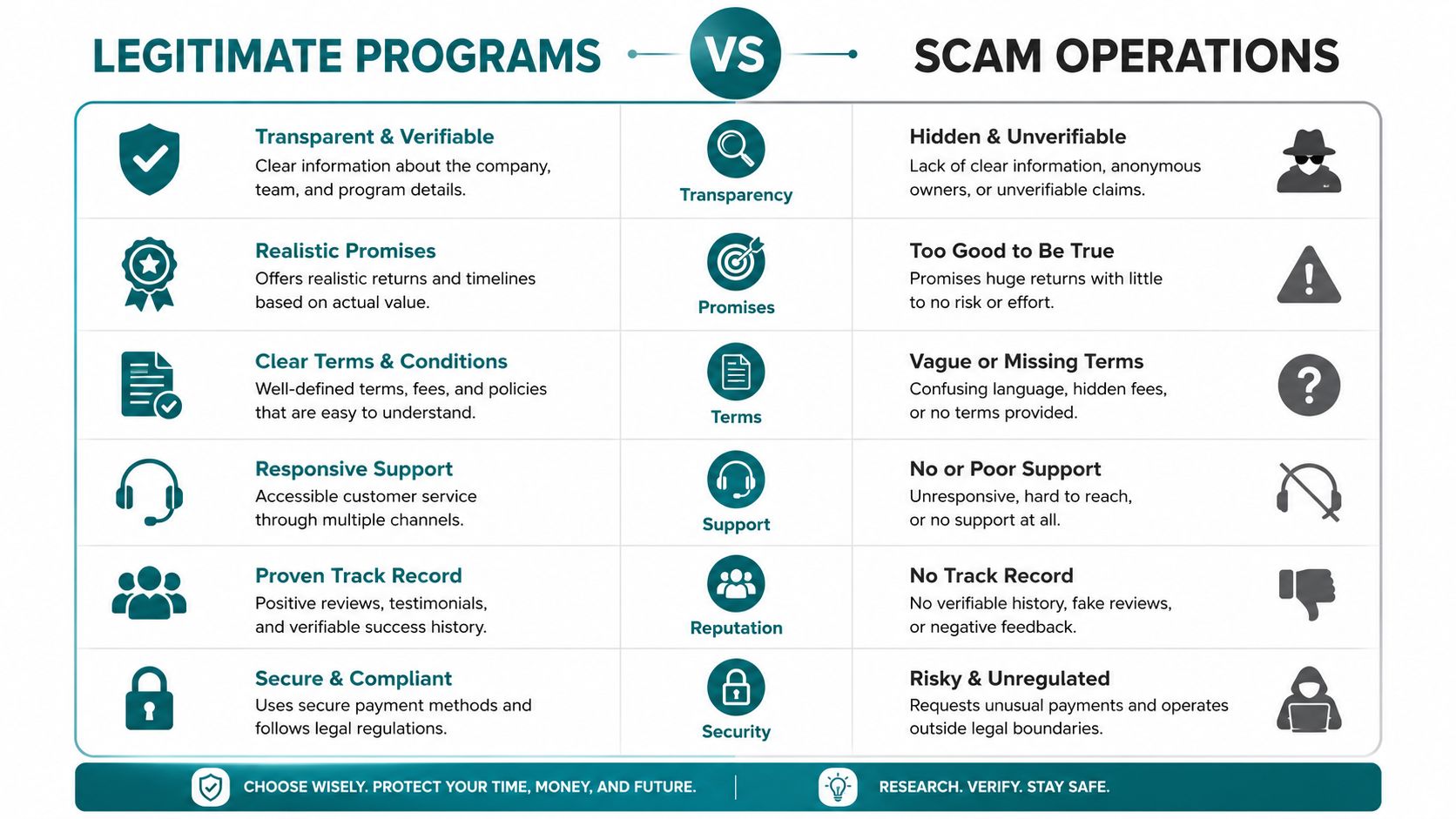 A comparison chart outlining key differences between legitimate business programs and fraudulent scam operations for user safety.