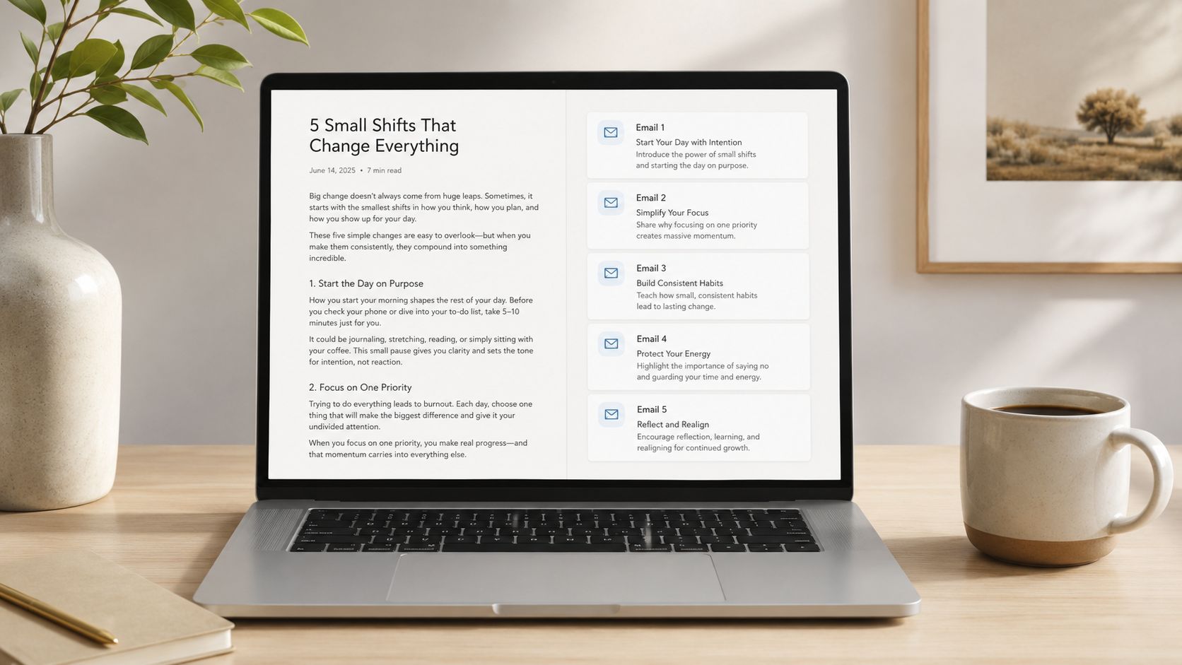 A laptop screen displaying an article titled 5 Small Shifts That Change Everything on a wooden desk.
