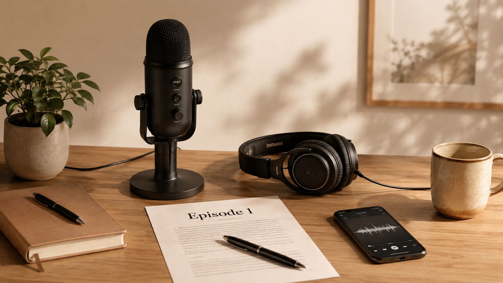 A professional podcasting setup on a wooden desk featuring a microphone, headphones, notes, and a smartphone.