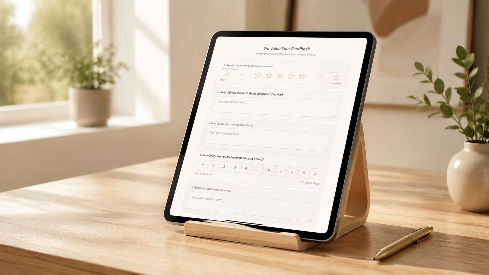 A digital tablet on a wooden stand displaying a customer feedback survey form on a desk.