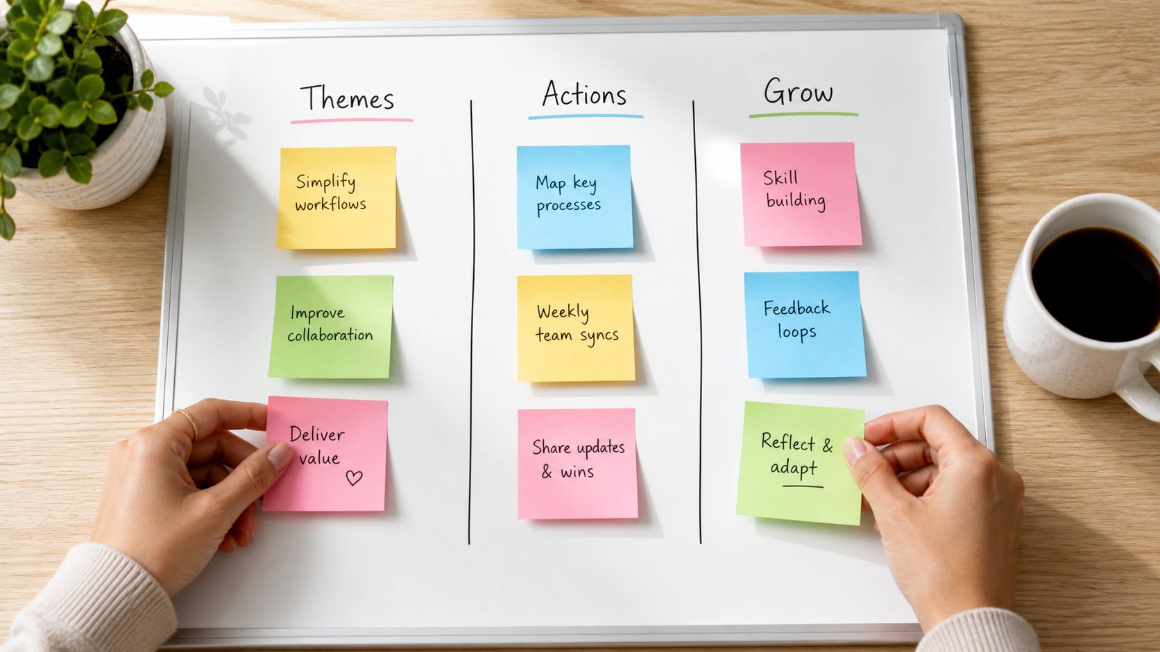 A person arranging colorful sticky notes on a whiteboard with columns labeled Themes, Actions, and Grow.