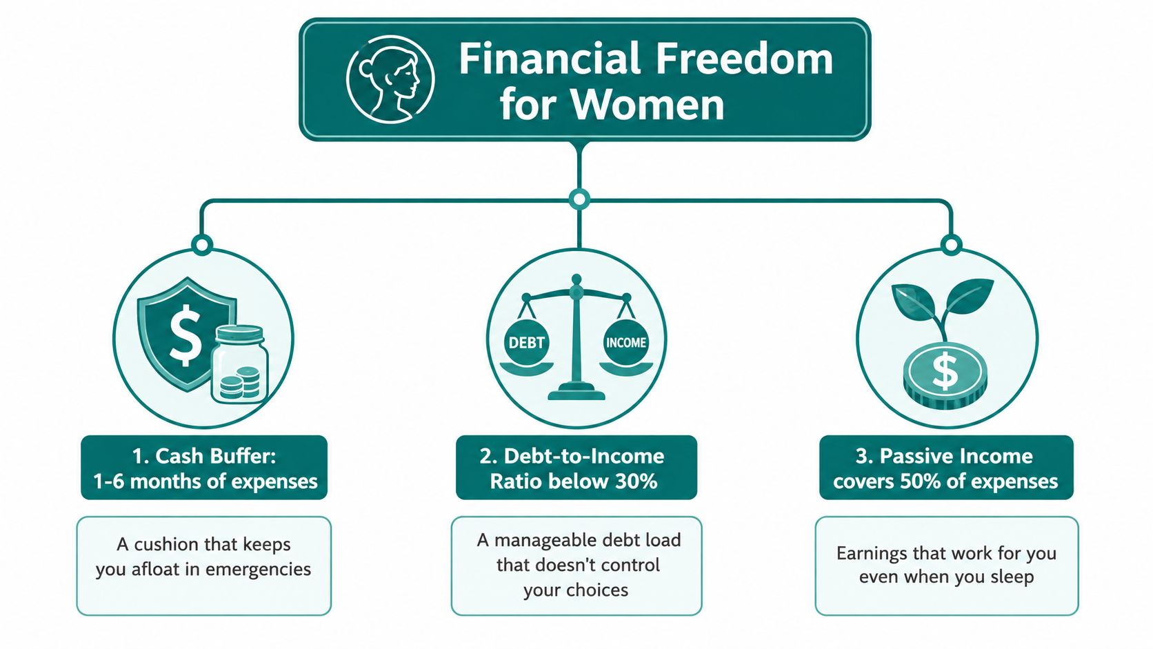 An infographic showing three steps to financial freedom for women: cash buffer, debt-to-income ratio, and passive income.