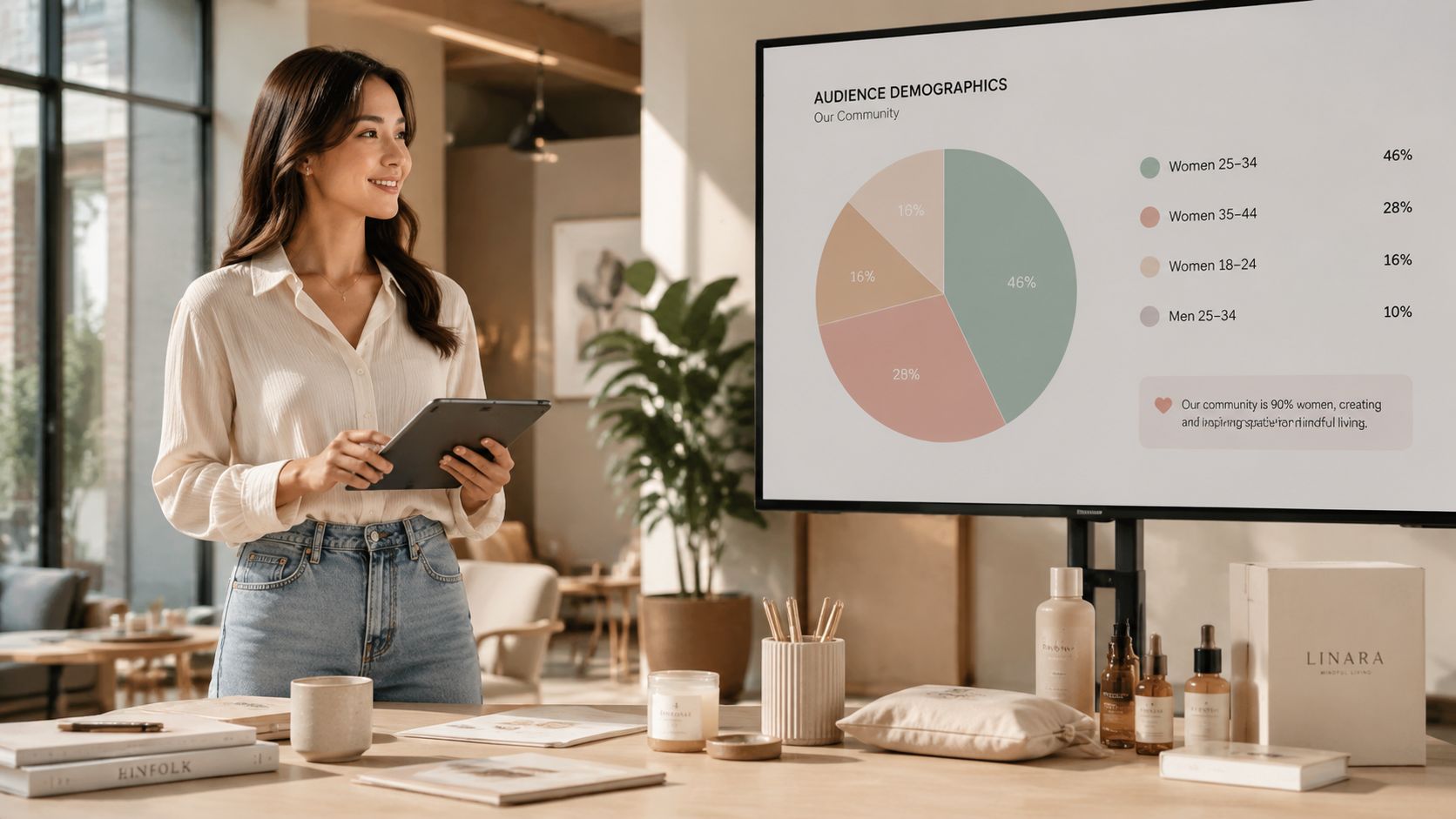 A woman presenting audience demographic data on a screen in a modern office, promoting a brand lifestyle.