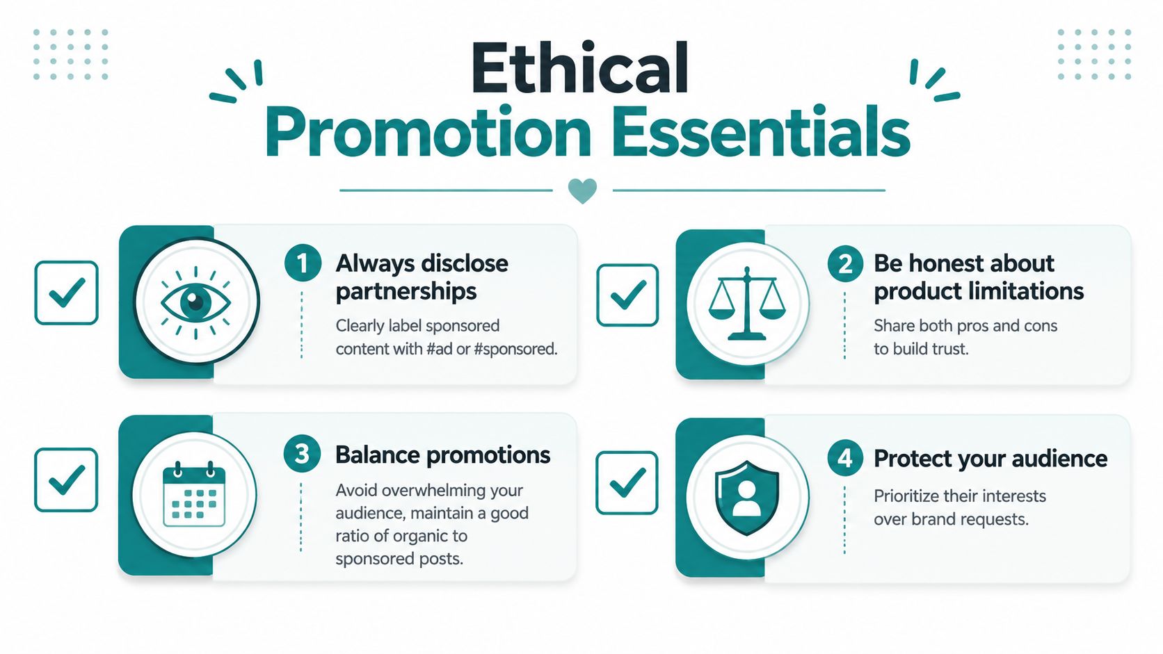 An infographic titled Ethical Promotion Essentials outlining four key practices for transparent brand collaborations and marketing.