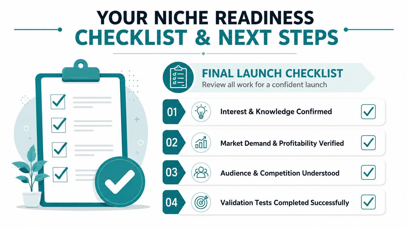A checklist graphic titled Your Niche Readiness Checklist and Next Steps, showing four completed verification steps.