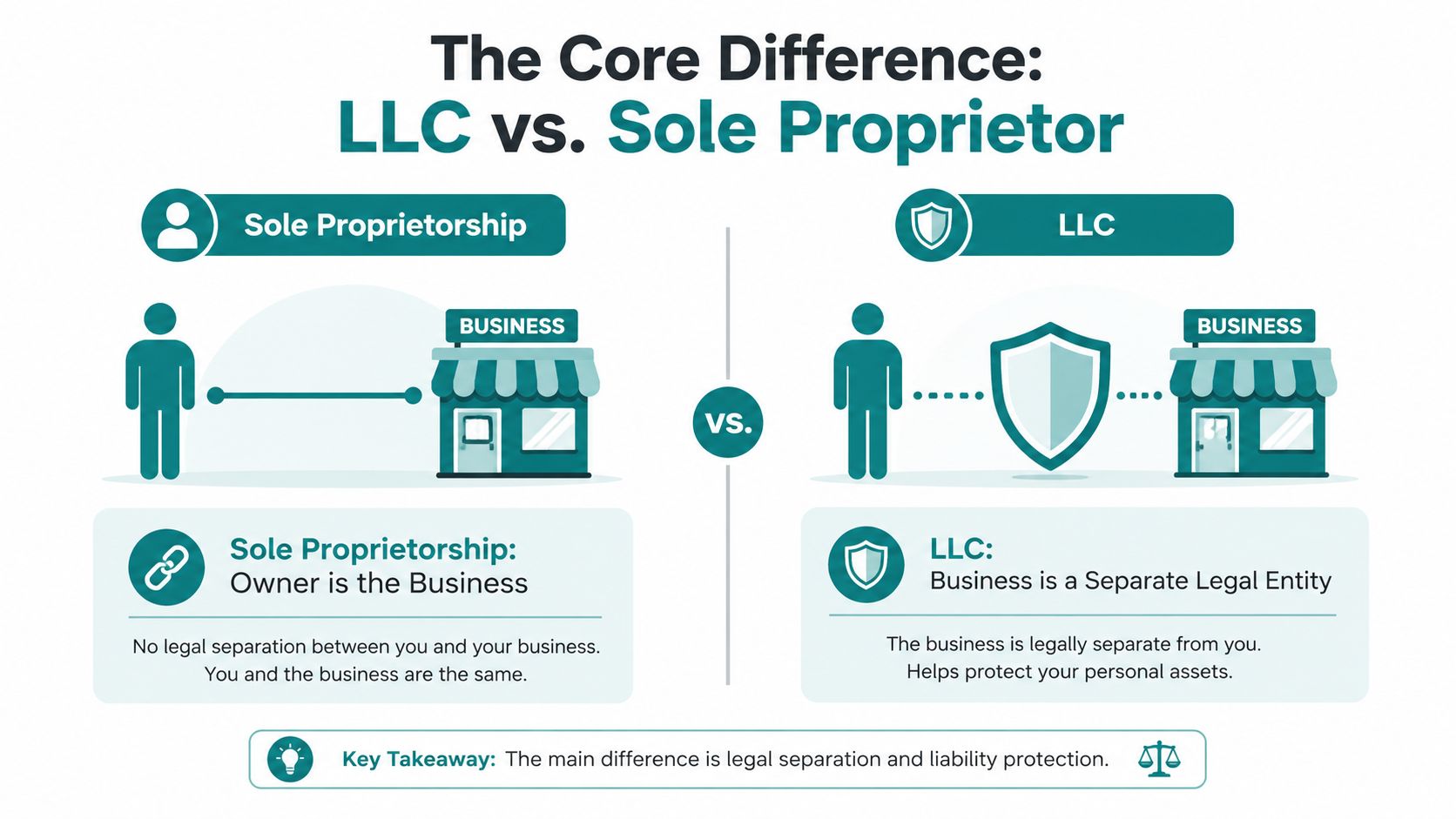A diagram comparing the legal and liability differences between a sole proprietorship and an LLC business structure.